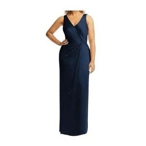 After Six Whisper Formal Gown Faux Wrap Tulip Skirt Midnight Navy Satin 6